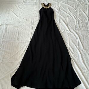 NWT Theia Black Formal Gown with gold jewel collar